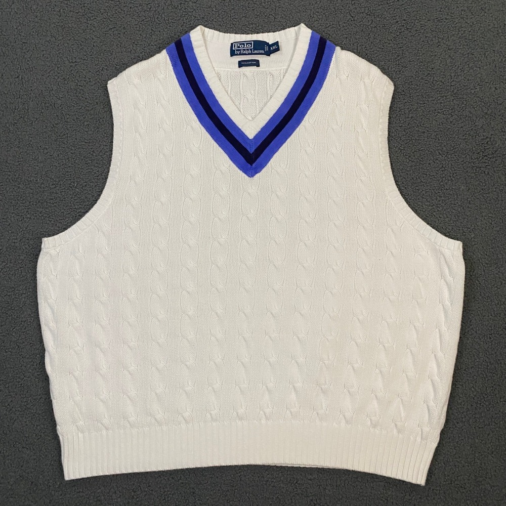 Vintage Polo Ralph Lauren Sweater Vest Mens 2XL White Cable Knit Cricket Tennis